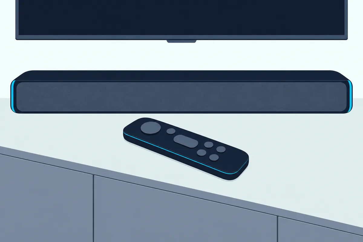 A soundbar remote lying on a low media stand in front of a slim soundbar, with a blank TV above