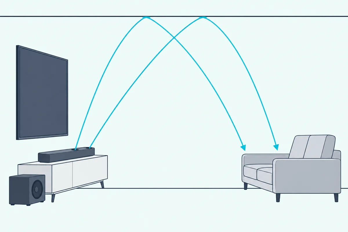 A soundbar under a blank TV bouncing two sound arcs off the ceiling toward an empty sofa, with a subwoofer below