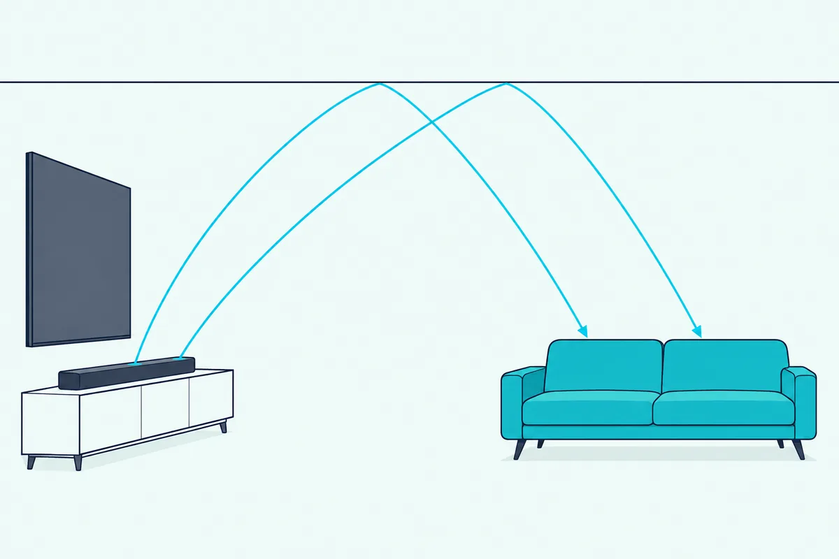 A soundbar under a TV sending two curved sound arcs up to a flat ceiling and down toward an empty sofa