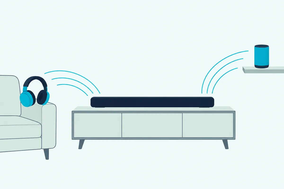 A soundbar sending wireless arcs to over-ear headphones on a sofa arm and a small portable speaker on a shelf