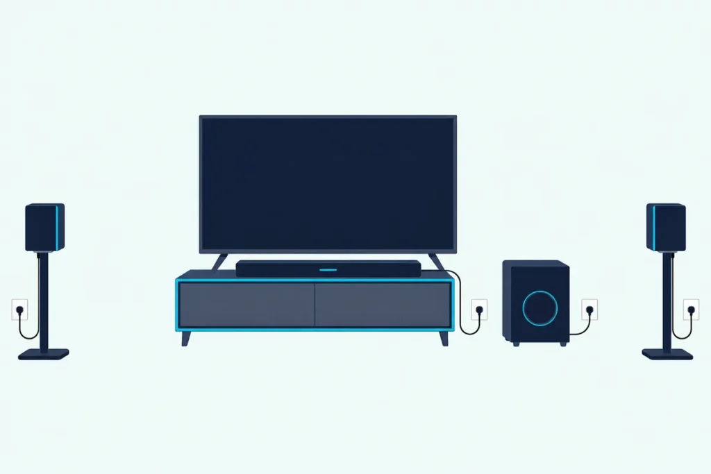 A soundbar, subwoofer and two rear speakers in a living room, each with its own power cord running to a wall outlet
