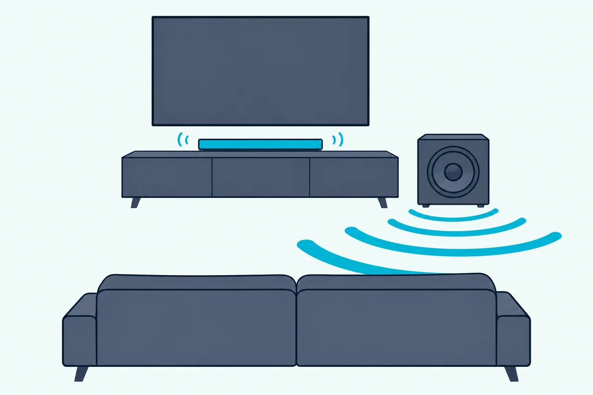 A soundbar on a low console under a blank TV, with a cube subwoofer on the floor sending wide low waves across the room