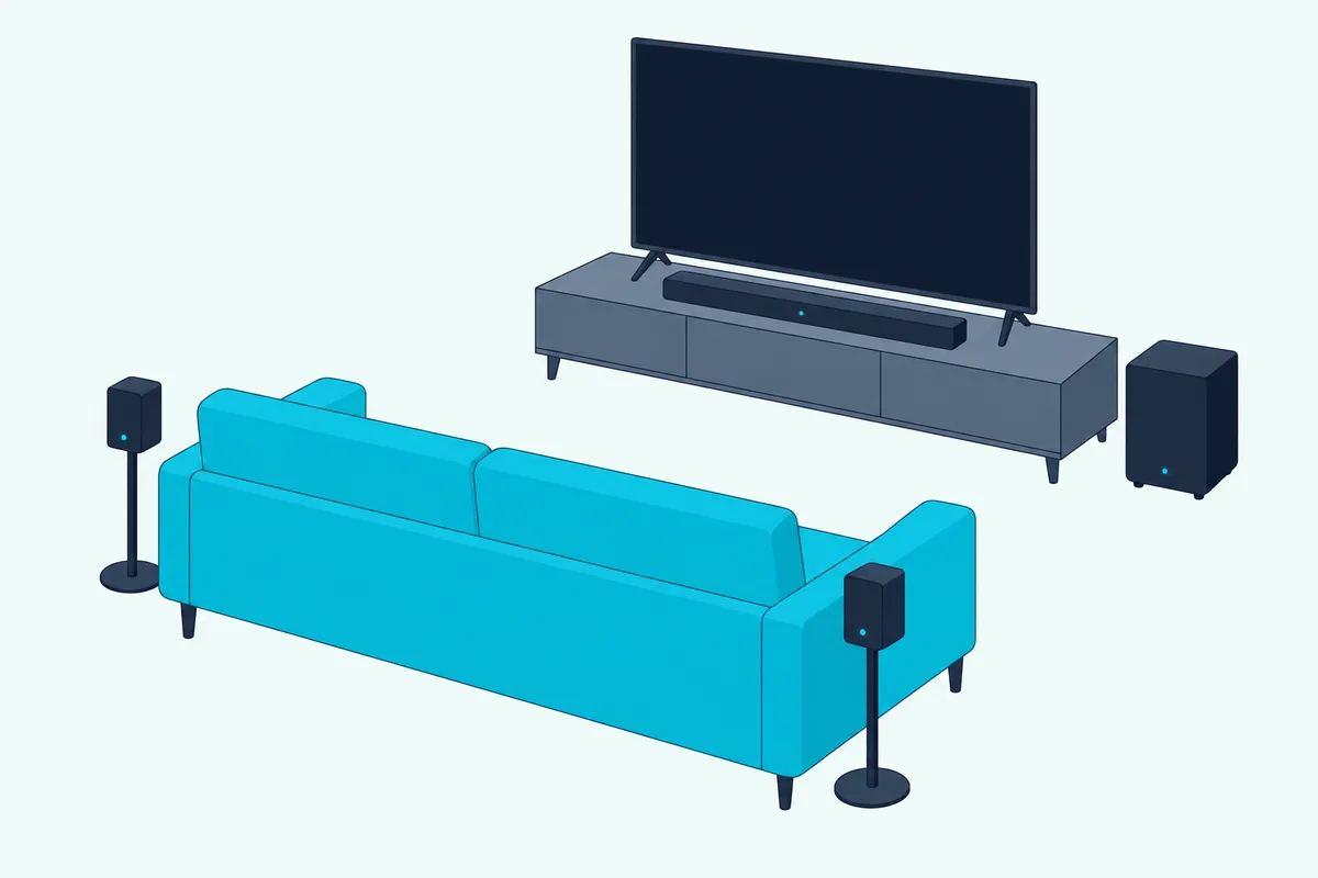 A soundbar under a flat TV, a subwoofer beside the stand and two small rear speakers behind a sofa, each with a blue light