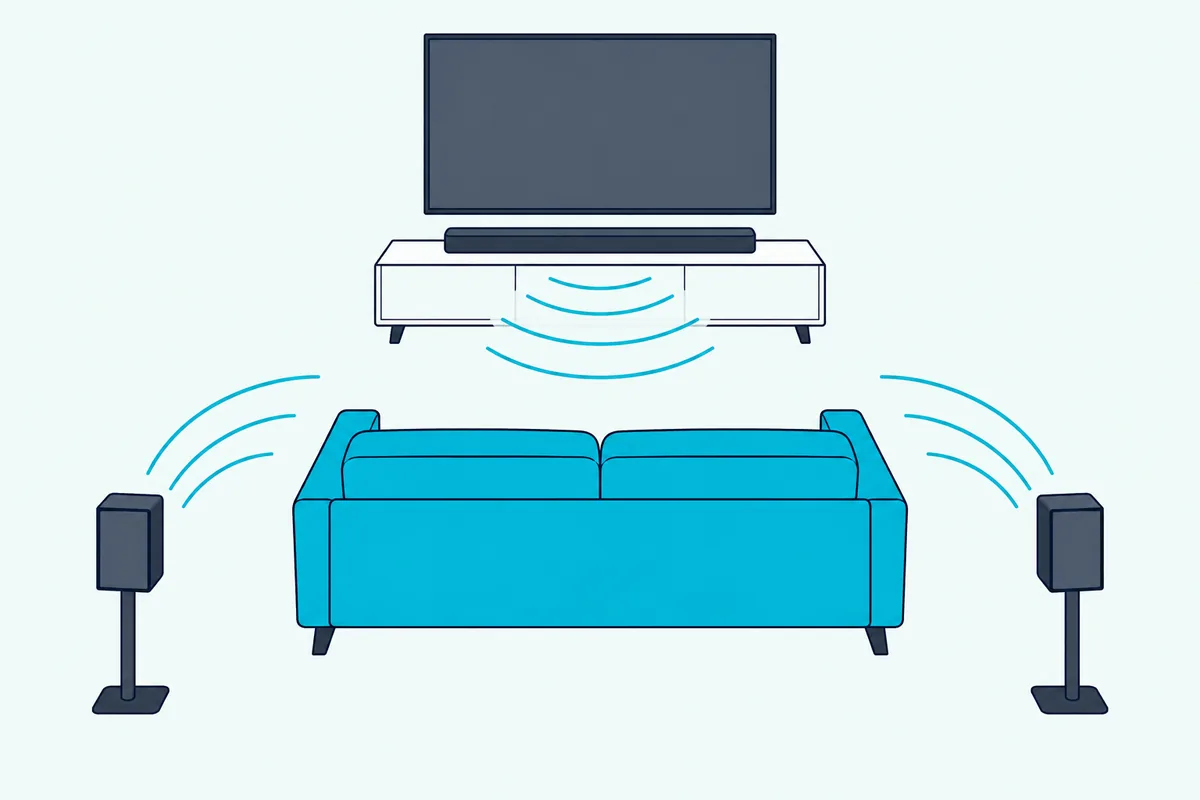 A soundbar under a TV and two small rear speakers behind an empty sofa, with sound arcs reaching the sofa