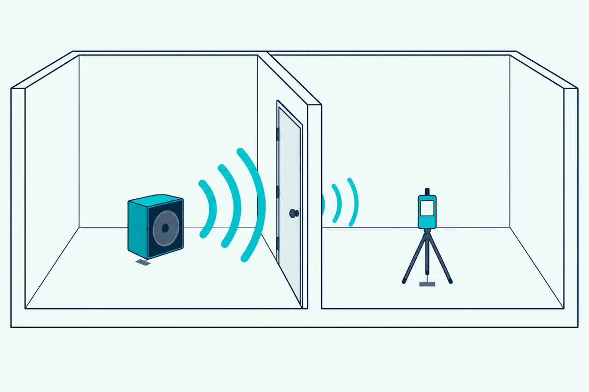 A speaker in one room and a sound level meter on a small tripod in the next room, with a closed door between them
