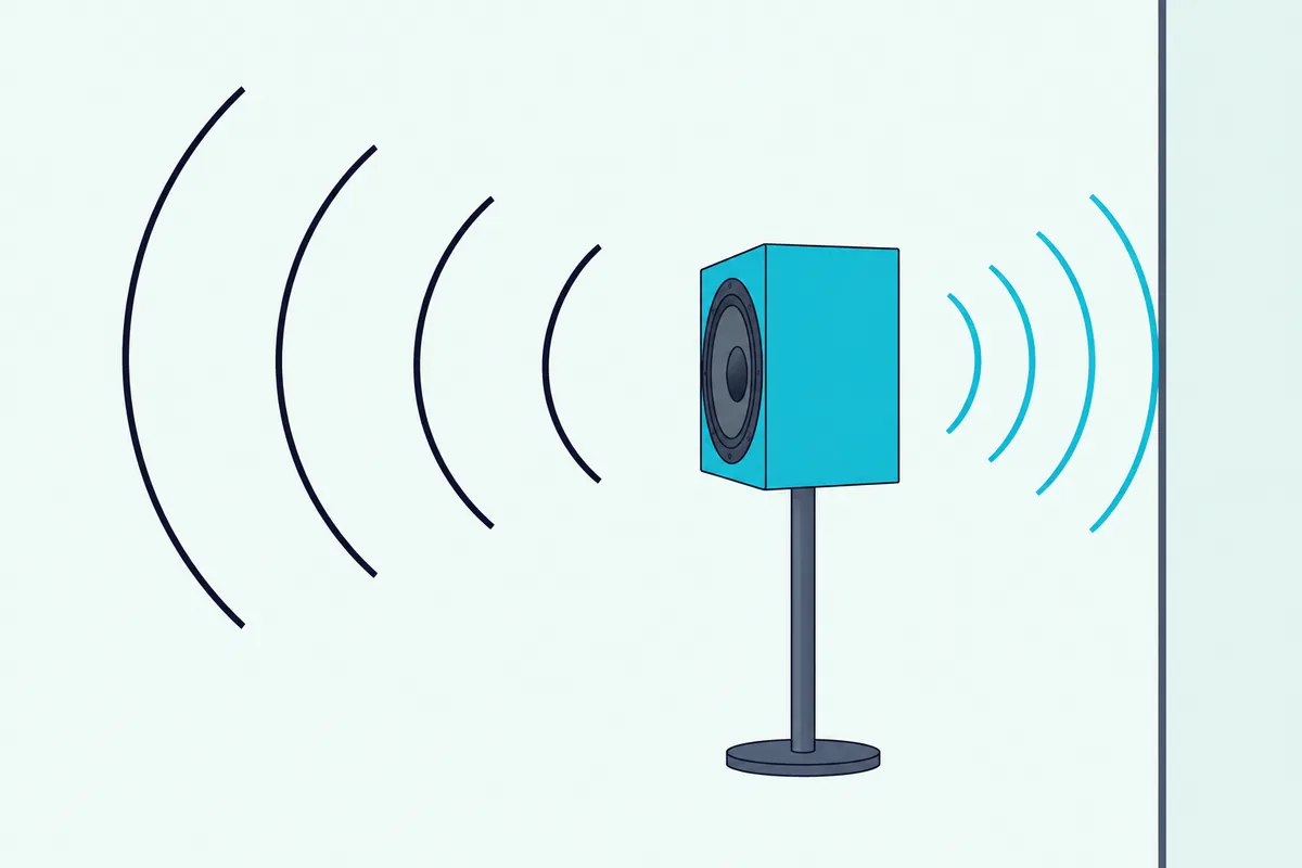 A speaker standing a short distance from a wall with curved sound waves traveling back to the wall and bouncing off it