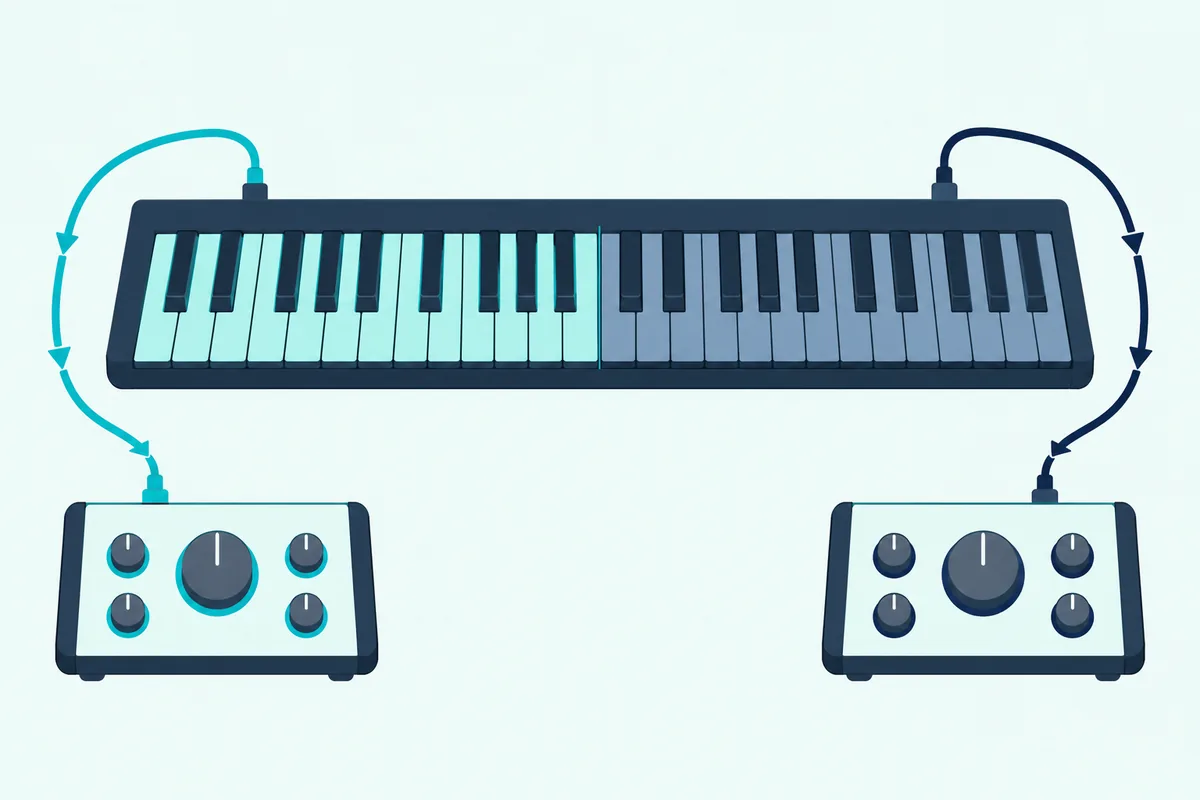 Split MIDI keyboard with its low keys feeding a bass synth and its high keys feeding a second synth