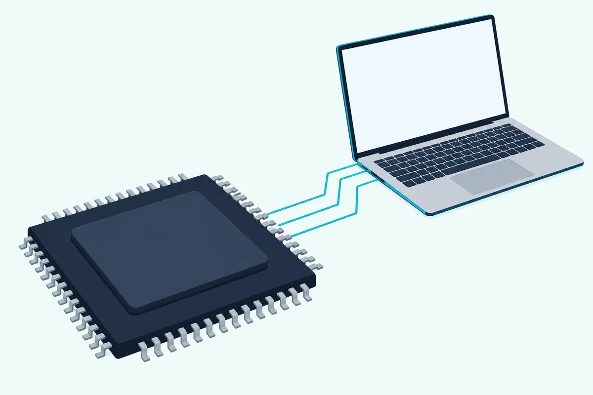 A square computer chip with rows of small metal contacts beside an open laptop with a blank screen