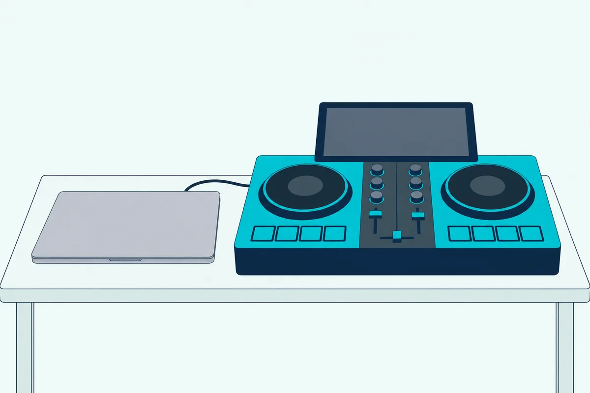 Standalone DJ unit with a blank built-in touchscreen connected by one cable to a closed laptop on a desk