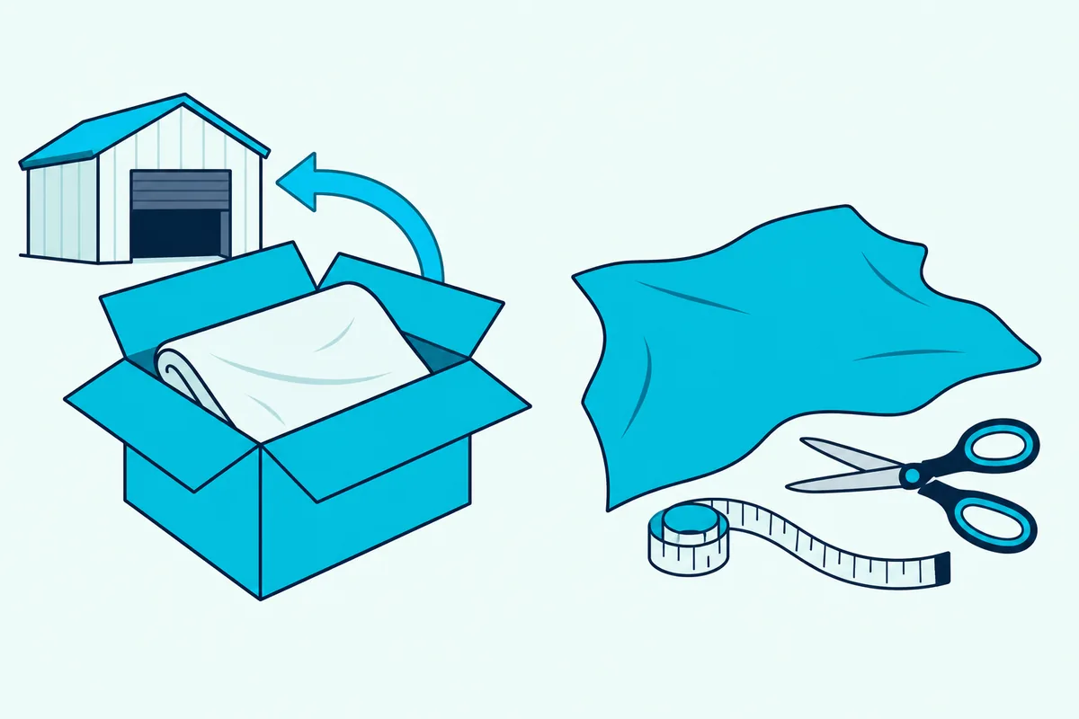 An open box with a return arrow pointing back to a warehouse, beside cut fabric with scissors and a tape measure