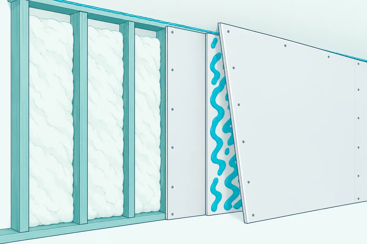 Cutaway of a stud wall with a second drywall sheet being added over the first, with beads of damping compound between them