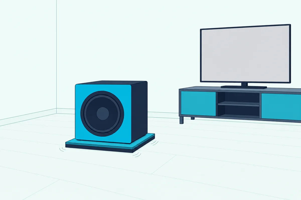 A subwoofer on a low isolation platform, pulled a few feet out from the corner of a living room