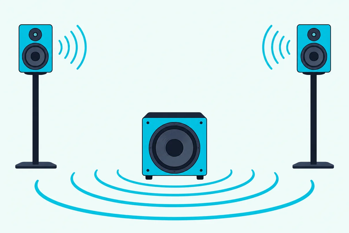 A subwoofer sending out wide, slow sound arcs while two speakers on stands send out small, quick ones