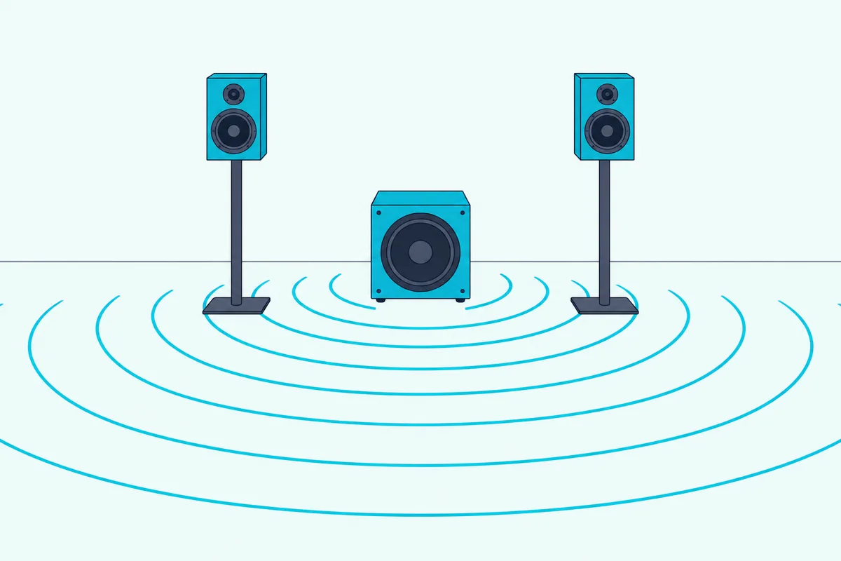 A subwoofer standing a few feet out from a wall with even bass waves filling the room around two speakers