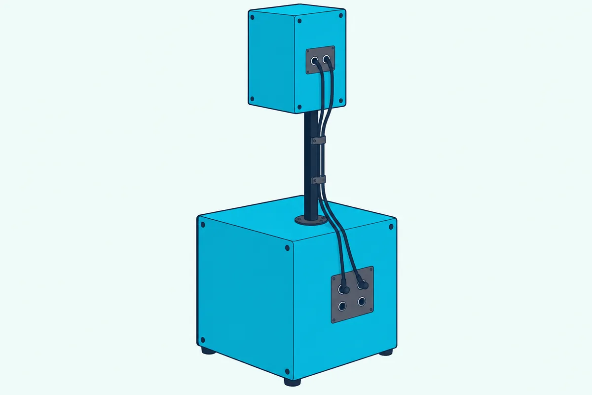 A subwoofer on the floor with a speaker on a pole above it and two cables running from the sub up to the speaker