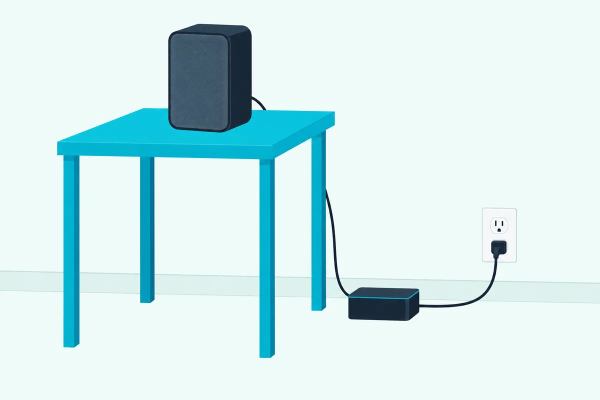 A small surround speaker on a side table, joined by a short cable to a receiver box plugged into a wall outlet