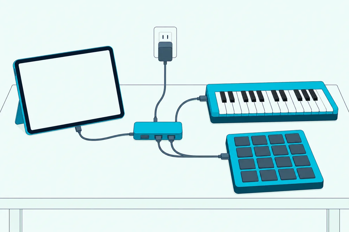 A tablet on a stand cabled to a powered USB hub, with a small keyboard and a pad controller plugged into the hub