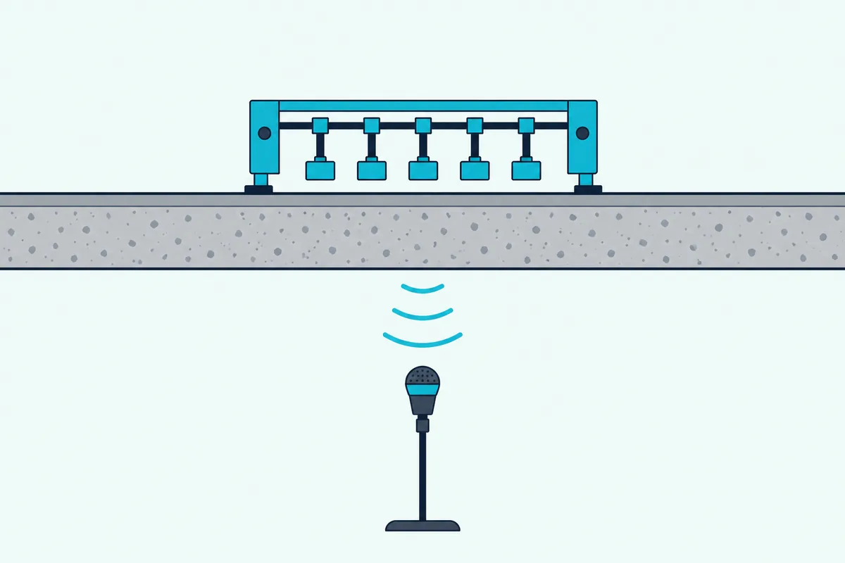 A tapping machine with five hammers on a floor and a microphone in the room below it