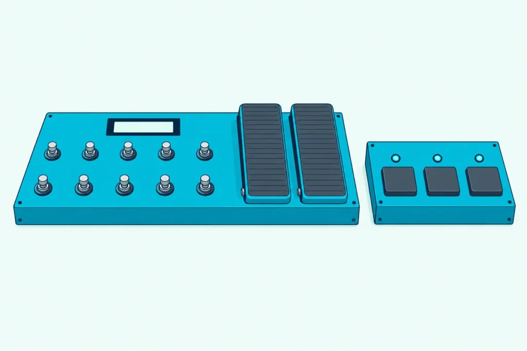 A ten-switch MIDI foot controller with two expression pedals beside a small three-switch foot pedal