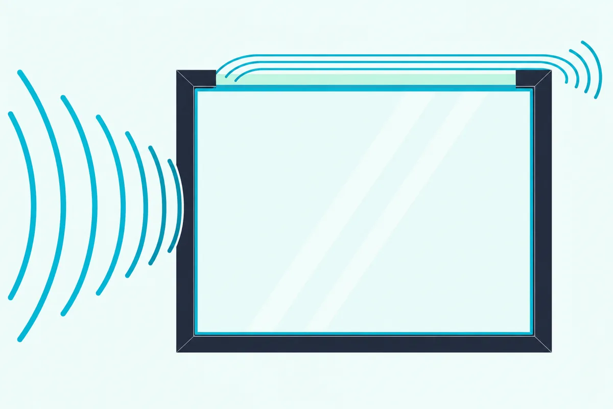 A thick pane in a frame with a narrow gap at one edge, with sound stopped by the glass and passing only through the gap