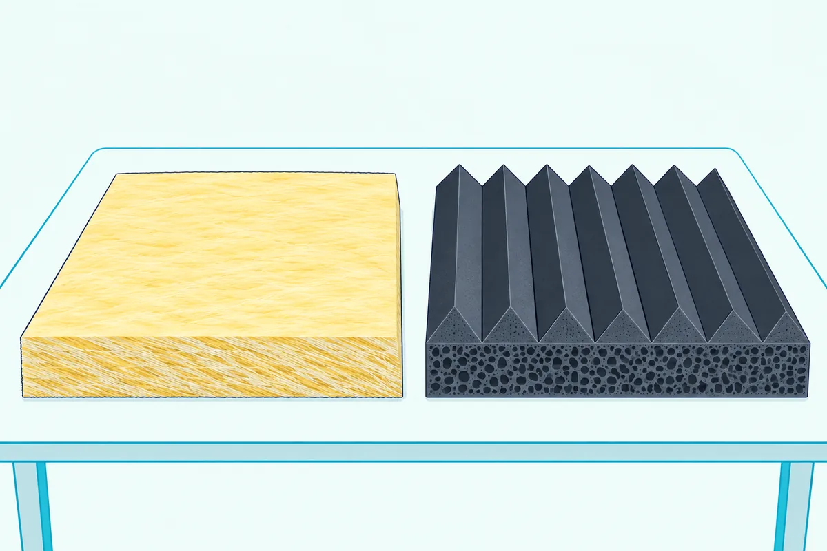 A thick rigid fiberglass board beside a wedge foam panel on a table, their edges showing each material's core
