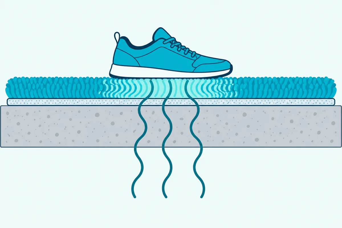 A thick rug on a pad stopping the tight ripples while long slow waves still pass down through the floor