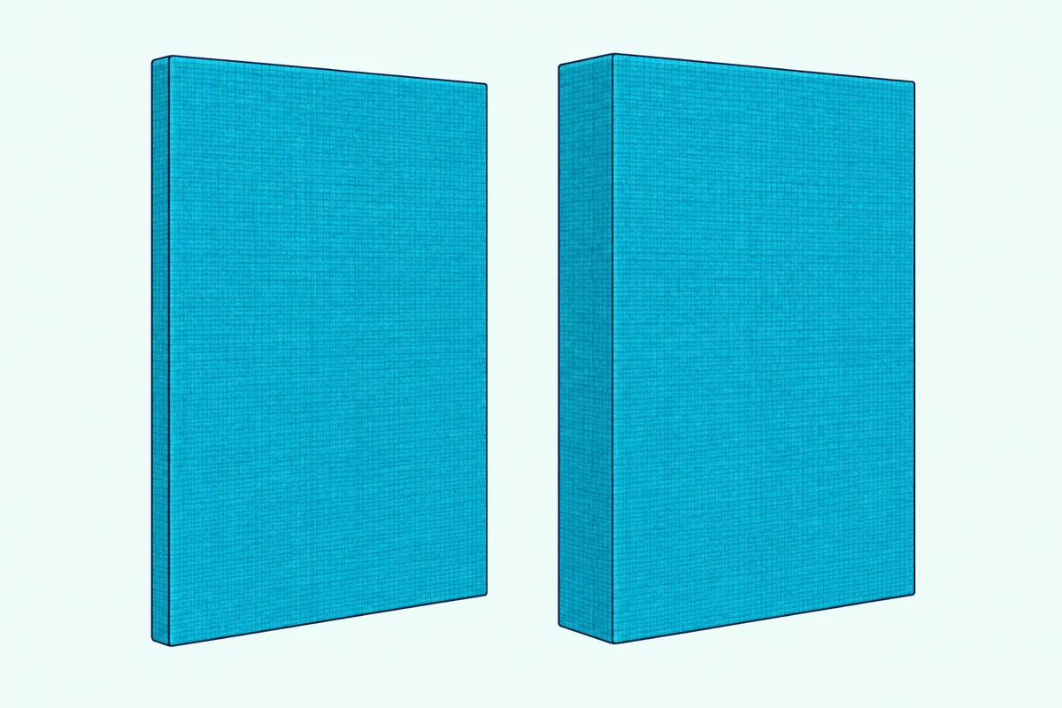 A thin and a thick fabric-wrapped acoustic panel standing side by side, seen from the edge so the difference in depth shows