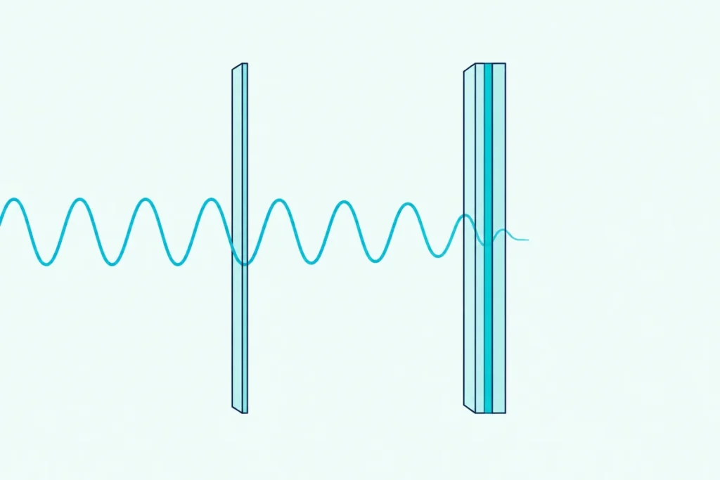 A thin single pane and a thicker layered pane side by side, with sound passing the thin one and fading in the layered one