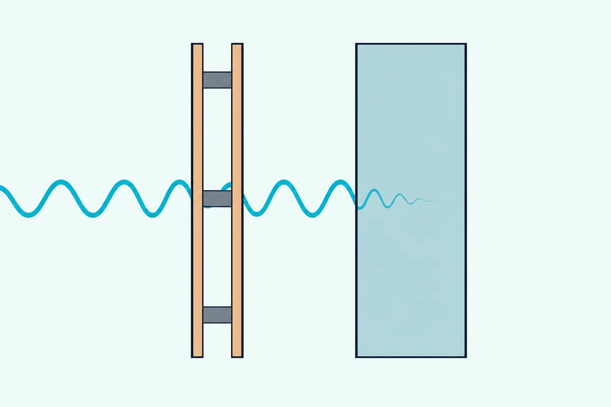 A thin stud wall and a thick solid masonry wall side by side, with sound passing the stud wall and fading in the masonry