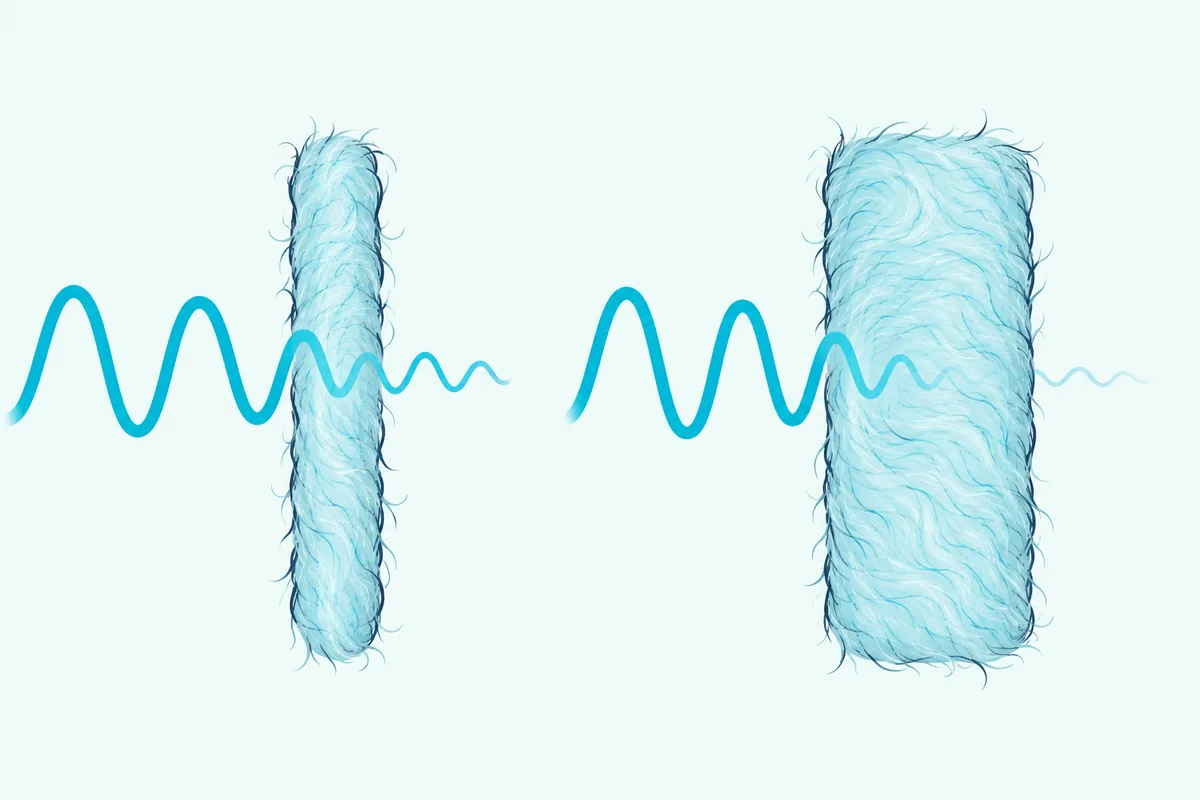 A thin wool batt and one twice as thick, with a long wave fading partly in the thin batt and almost fully in the thick one