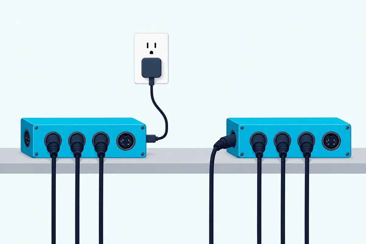 A thru box powered by a small USB wall charger beside a second box with only five-pin MIDI cables plugged in