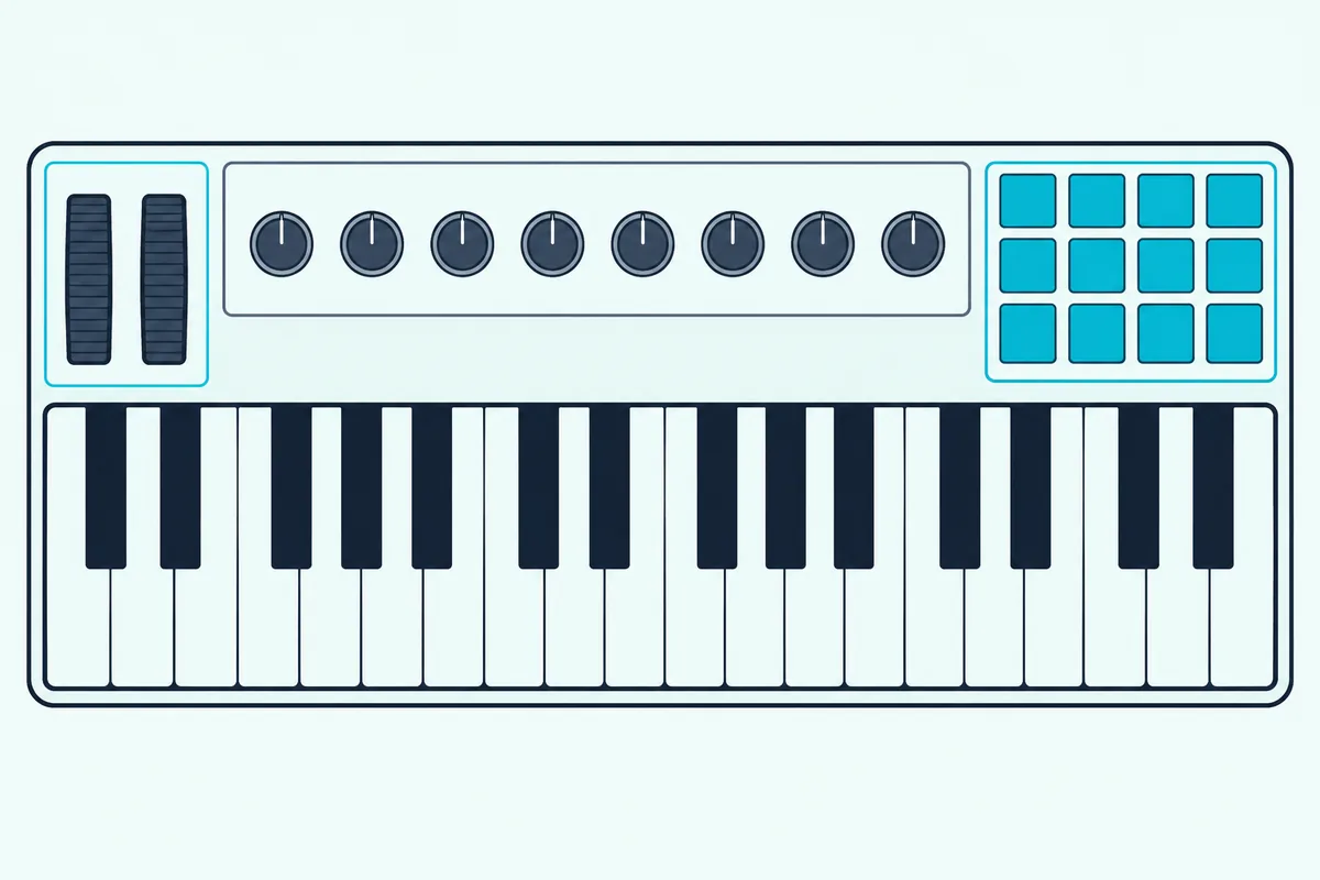 A top-down controller with keys along the bottom, a grid of pads, a row of knobs and two wheels