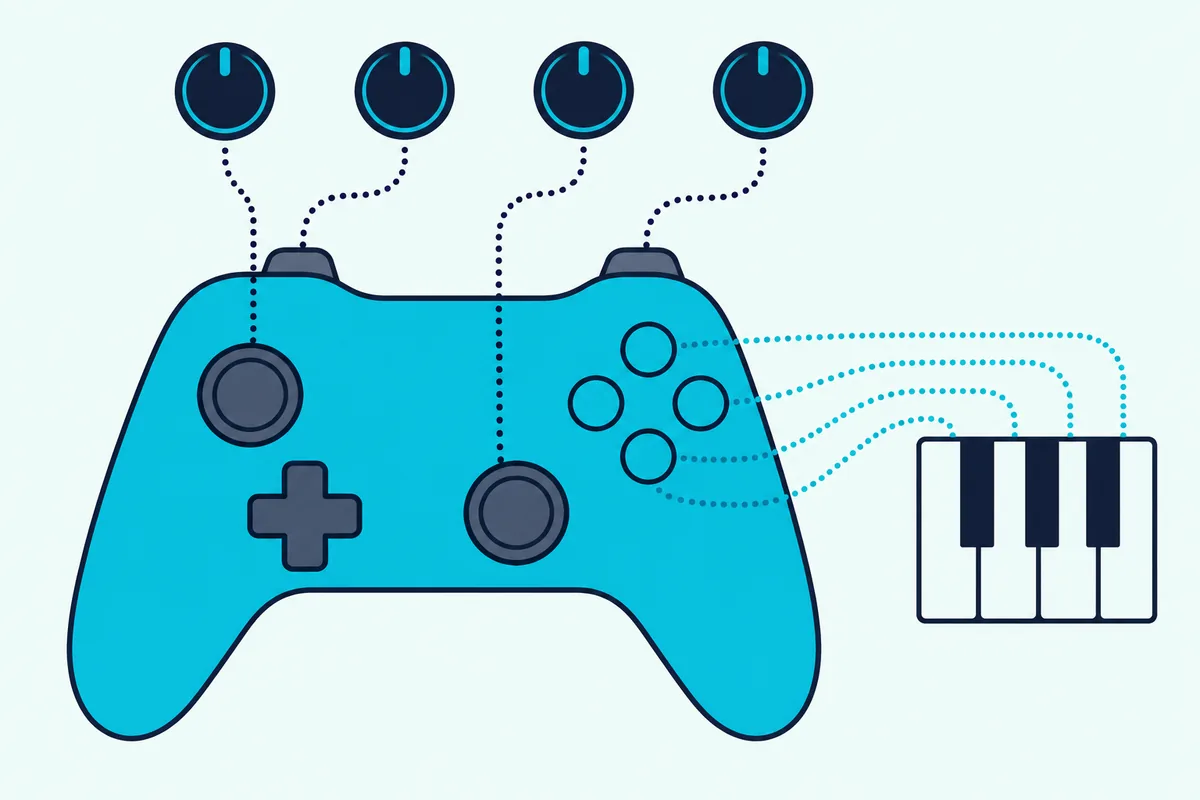 A top-down game controller with dotted lines from its buttons to piano keys and from its sticks and triggers to round knobs