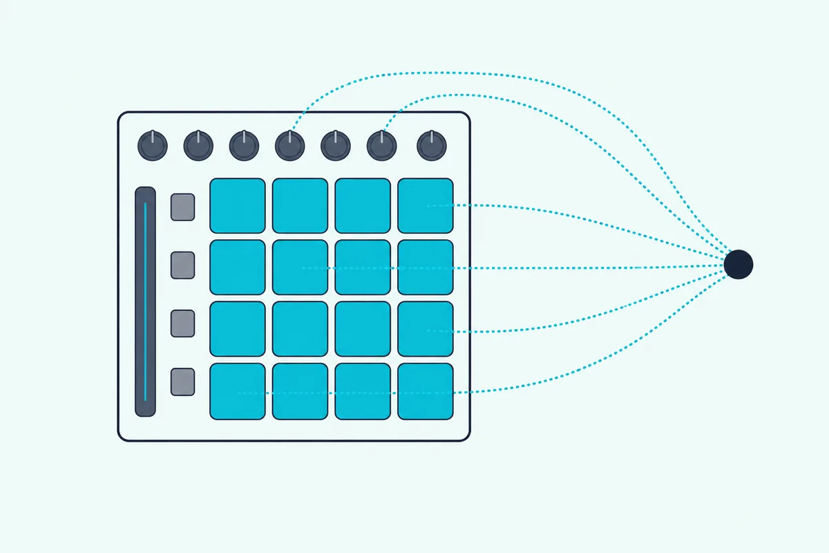 Top-down pad controller with dotted lines running from its pads and knobs to a small hub, like a map of assignments