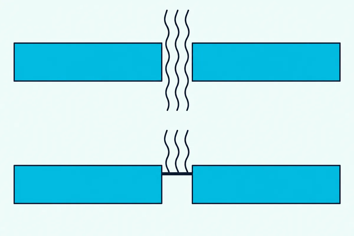 Two door edges seen from above, with an open gap passing sound lines and an overlapping strip stopping them