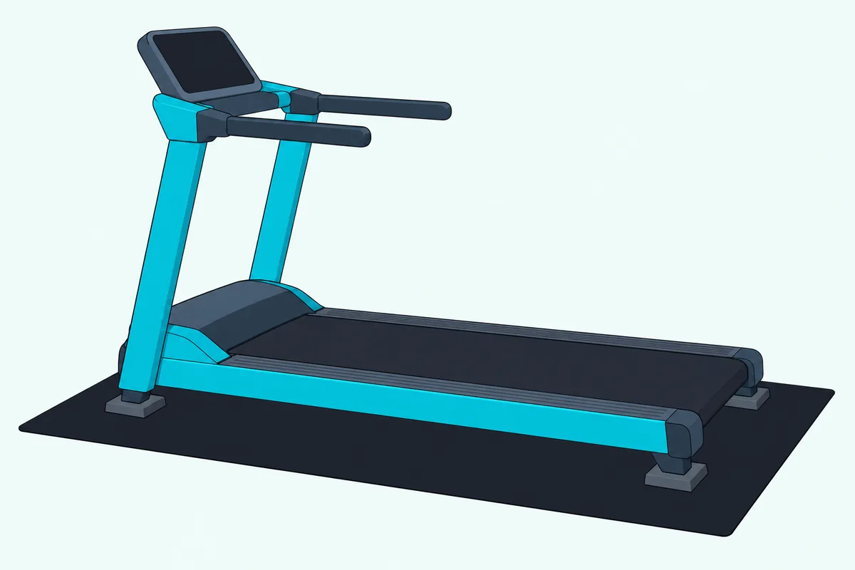 A treadmill with a blank console standing on a flat rubber mat with four small square pads under its feet