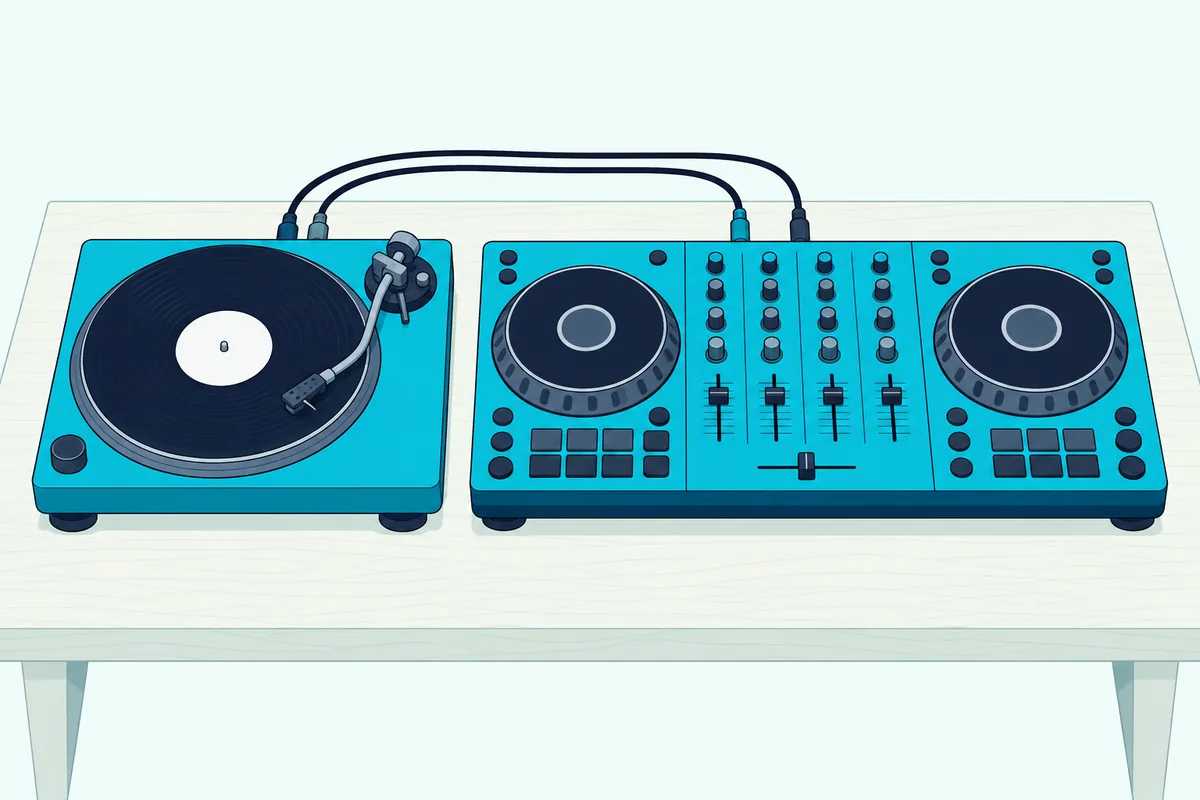 A turntable connected by audio cables to the back of a four-channel DJ controller on a desk, seen from the side