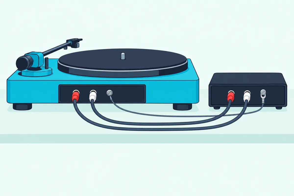 A turntable connected to a small phono preamp by RCA cables, with a thin separate ground wire on a screw terminal
