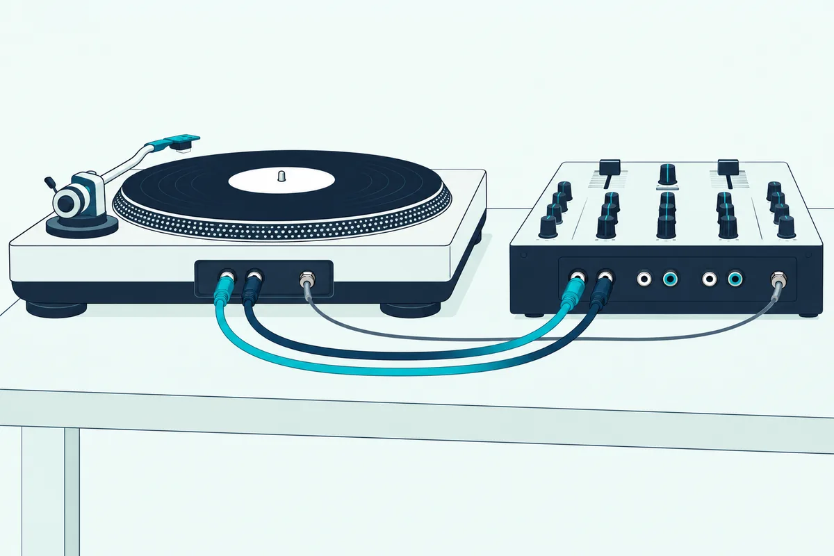 A turntable connected to the back of a DJ mixer by a pair of RCA cables and a thin separate ground wire