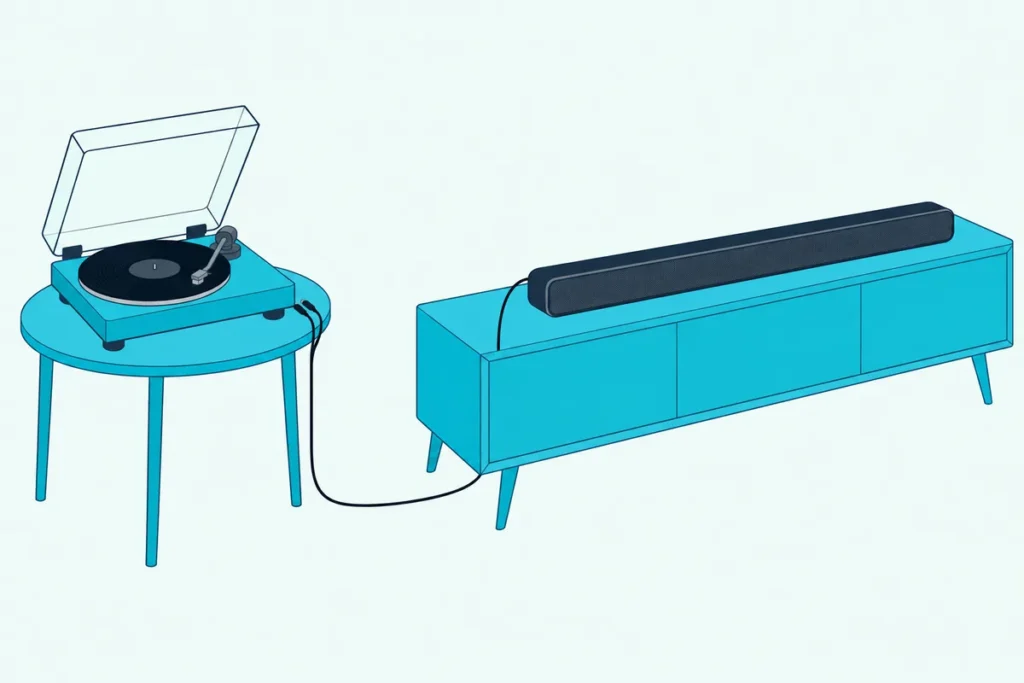 A turntable on its own side table beside a media console with a soundbar, joined by one thin cable