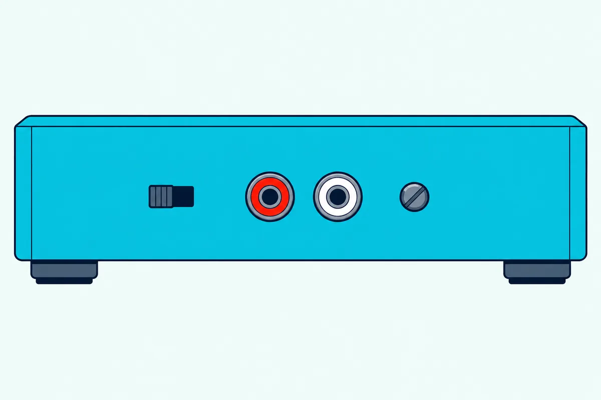 A turntable's rear panel with a two-position slide switch beside red and white RCA sockets and a ground screw