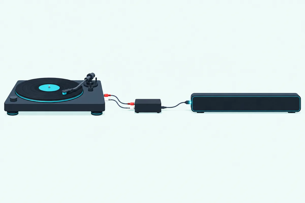 A turntable wired to a small converter box, with a thin optical cable running on from the box to a soundbar