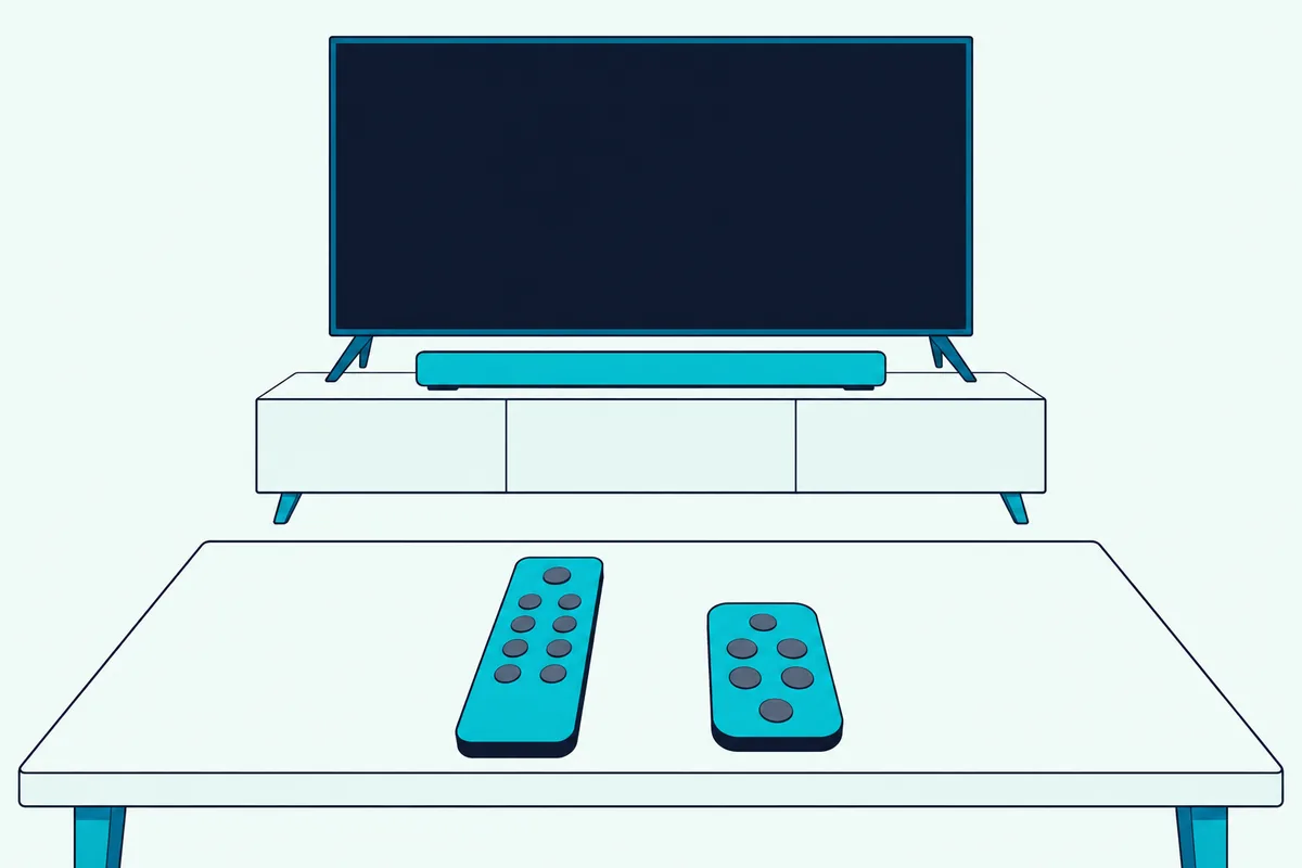 A TV remote and a soundbar remote side by side on a coffee table in front of a TV and a soundbar