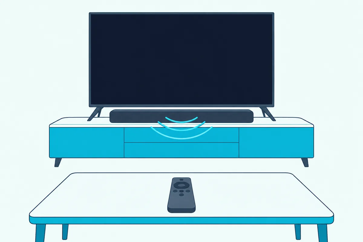 A TV remote pointed at a flat TV with a slim soundbar below it sending out soft curved sound waves
