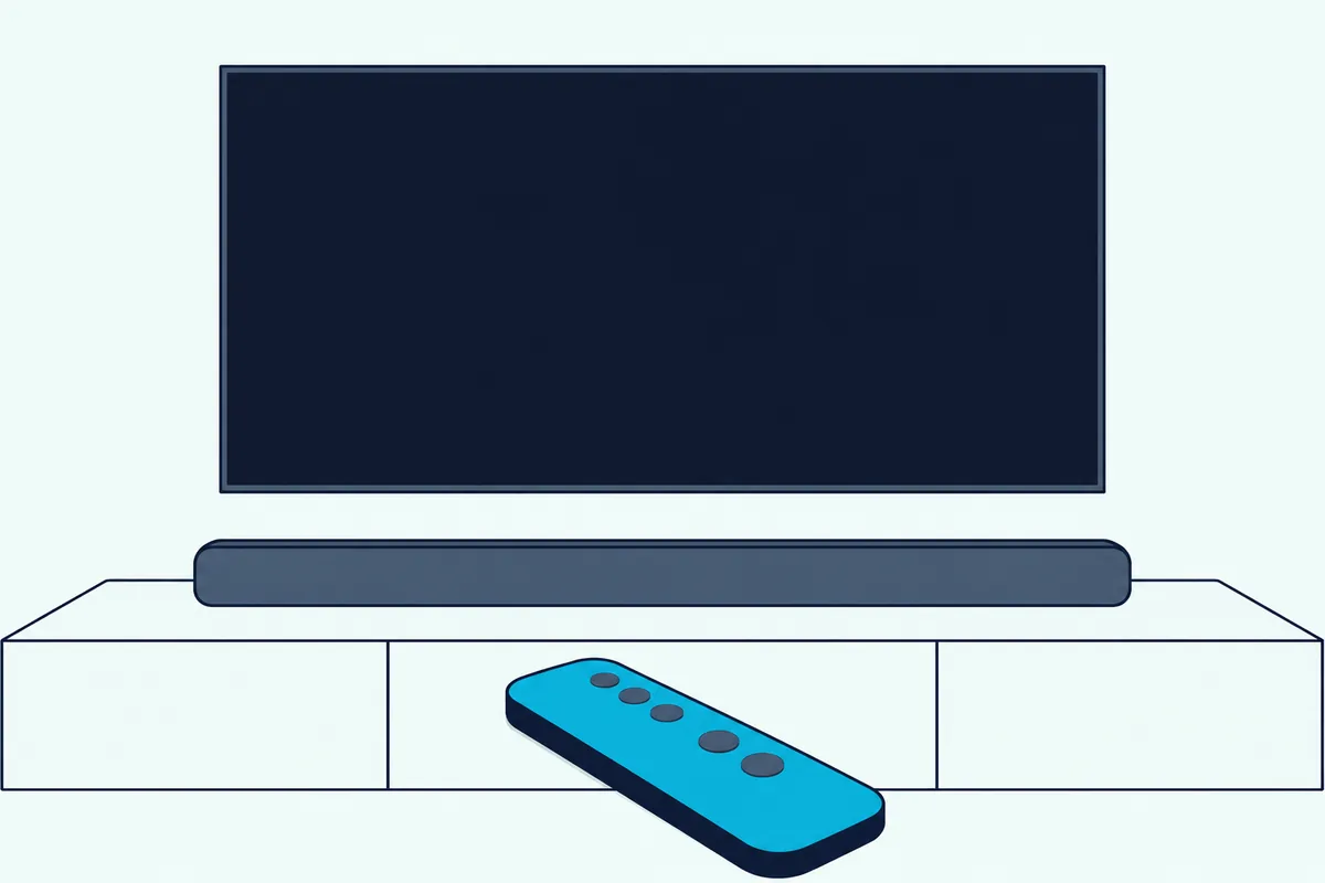 A TV remote with blank buttons on a console in front of a soundbar and a TV with a blank screen