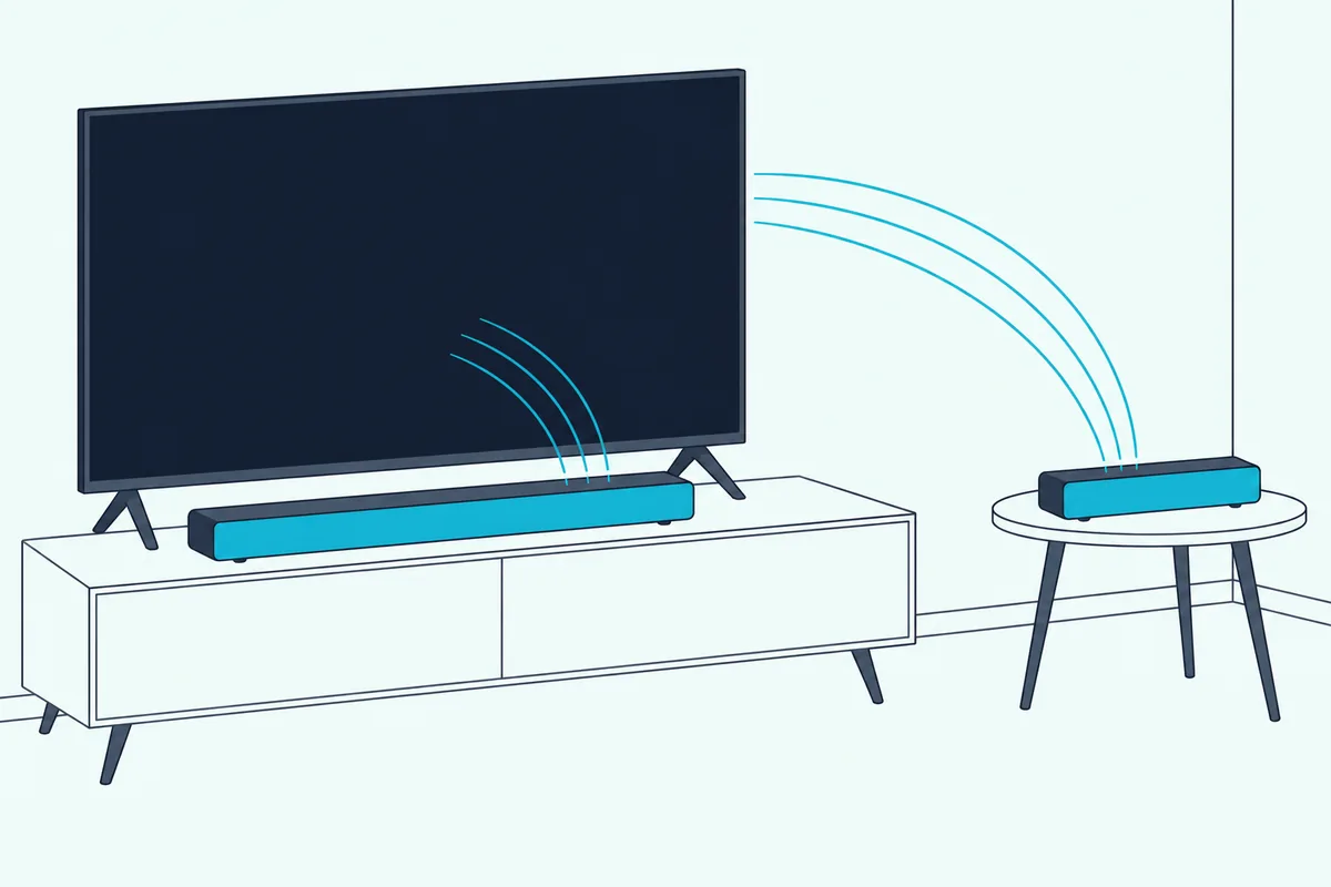 A TV with a blank screen sending faint wireless signals to two soundbars, one on the TV stand and one on a side table
