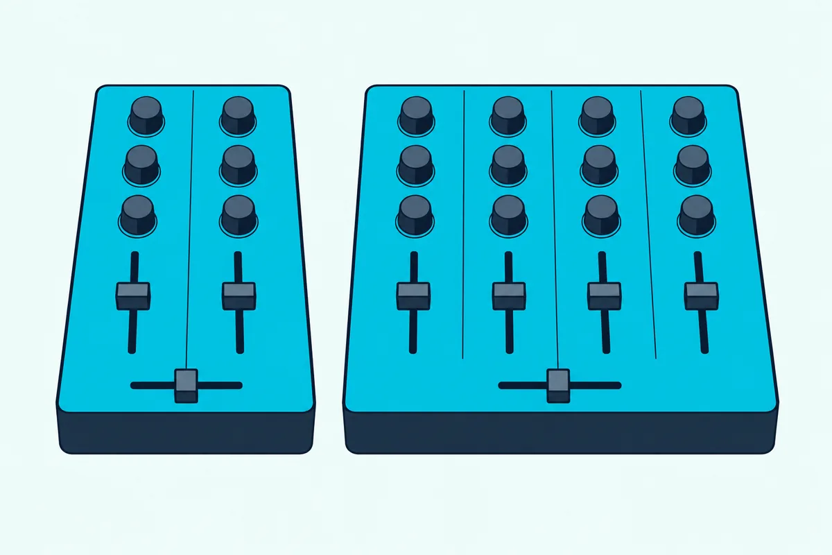 A two-channel and a four-channel DJ mixer side by side on a desk, with two and four channel strips of knobs and faders