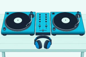 A two-channel DJ mixer between two record turntables on a desk, with closed DJ headphones lying in front of it