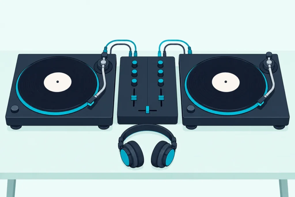 A two-channel DJ mixer between two turntables on a wooden desk, with a pair of headphones resting in front of it