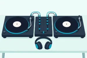 A two-channel DJ mixer between two turntables on a wooden desk, with a pair of headphones resting in front of it